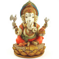 Ganesha statue sitting on a golden lotus, 17 cm, holding an axe (Parashu) and ritual pot (Kalasha).