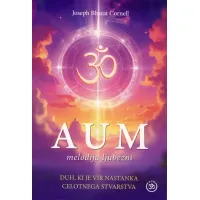 Naslovnica knjige AUM melodija ljubezni avtorja Josepha Bharata Cornella, ki s svetlobnimi simboli ponazarja širjenje univerzalnega zvoka v vesolju.