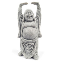 Kipec Smejoči se Buda z dvignjenimi rokami v sivi barvi s teksturo kamna, višina 17 cm