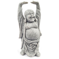 Kipec Smejoči se Buda z dvignjenimi rokami v sivi barvi s teksturo kamna, višina 17 cm