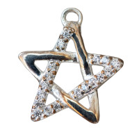 Silver star pendant featuring an intertwined five-point design embellished with small crystals, on white background