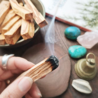 Kadeča Palo Santo, premium palčka v roki – tradicionalna uporaba svetega lesa za energetsko čiščenje, umirjanje in meditacijo.