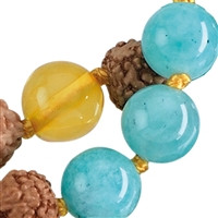 Mala s poldragim kamnom amazonitom, jantarjem in rudrakš zrni (Notranja modrost)