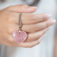 Heart pendant - rose quartz (28mm), 4.2cm, rhodium-plated silver 925
