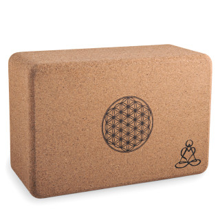 Joga blok iz naravne svetlo rjave plute z lasersko gravirano rožo življenja