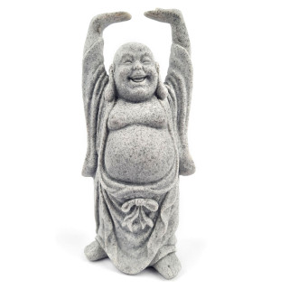 Kipec Smejoči se Buda z dvignjenimi rokami v sivi barvi s teksturo kamna, višina 17 cm