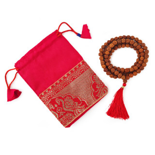 Meditacijska ogrlica ali mala iz rudrakš semen in z rdečim mošnjičkom