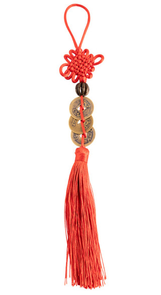 Amulet za srečo trije kitajski kovanci na rdeči vrvici z vozlom