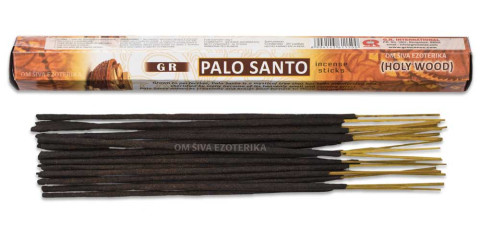 Rumeno-rjava embalaža dišečih palčk Palo Santo GR s fotografijo svetega lesa in naravnimi palčkami spodaj.