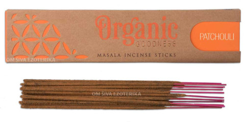 Embalaža dišečih palčk Organic Goodness Masala Patchouli in dišeče palčke.