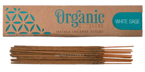 Naravna svetla embalaža dišečih palčk Organic Goodness Masala White Sage z dišečimi palčkami na beli podlagi.