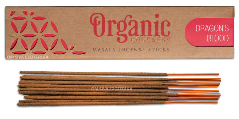 Rjava embalaža naravnih dišečih palčk Organic Goodness Masala Dragon's Blood z rdečimi detajli in palčkami ob strani.