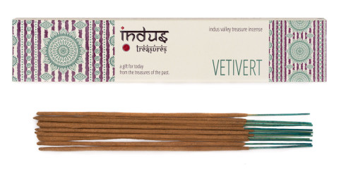 Dišeče palčke Indus Treasures Vetiver s sladkim zemeljskim vonjem v belo-vijolični embalaži