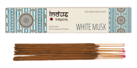 Dišeče palčke Indus Treasures White Musk z nežnim cvetličnim vonjem v belo-modri embalaži.