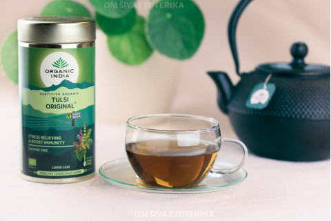 Čaj Tulsi Original – sveta bazilika v pločevinki, Organic India, 100 g