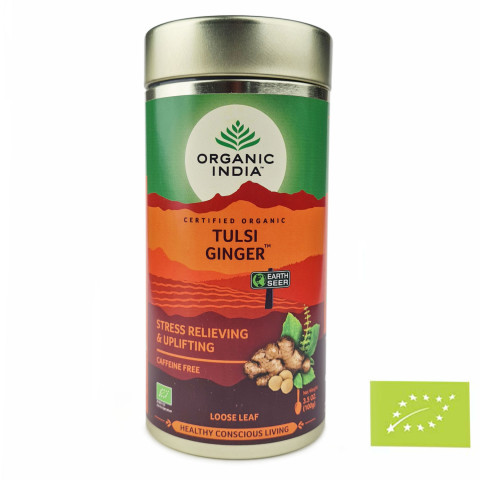 Čaj Tulsi Ginger - sveta bazilika z ingverjem - Organic India - 100 g pločevinka