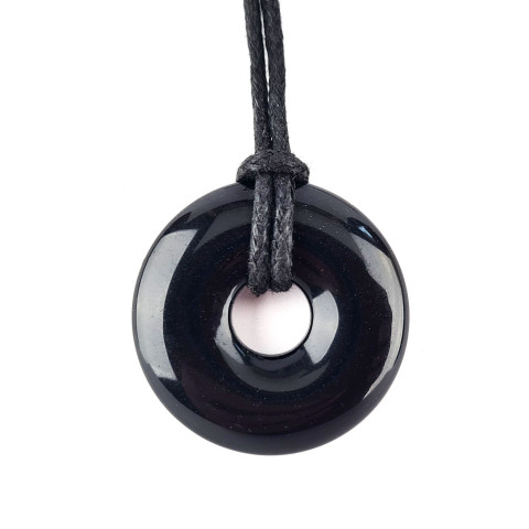 Obesek črni obsidijan donut na temni bombažni vrvici, naravni kamen