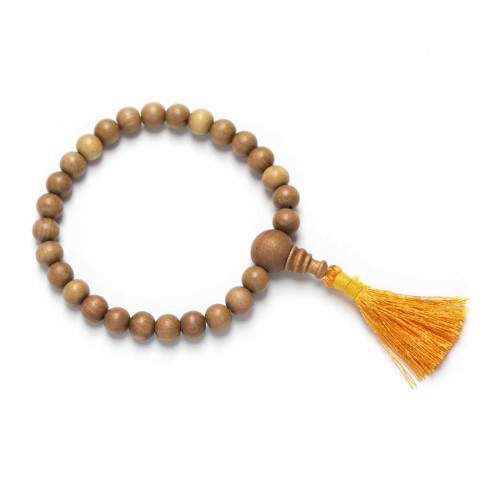 Meditacijska zapestnica iz sandalovine – 27 lesenih kroglic, oranžen cofek, za meditacijo, notranji mir in osredotočenost