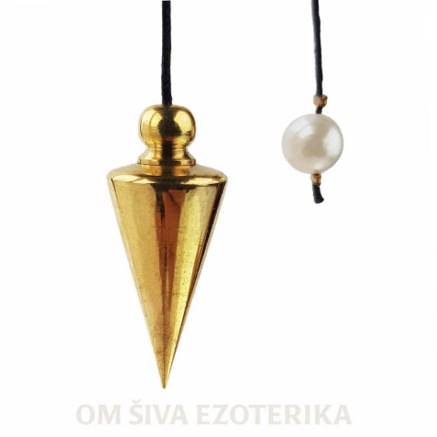 Medeninasto radiestezijsko nihalo v obliki stožca na črni vrvici z belo perlo na koncu.