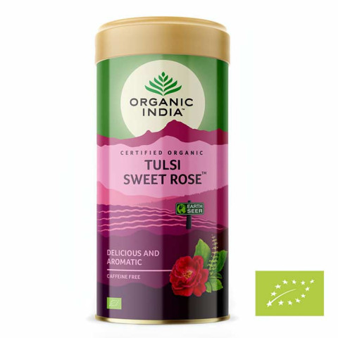 Čaj Tulsi Sweet Rose - tulsi s sladko vrtnico - mešanica čaja v pločevinki, 100 g, Organic India