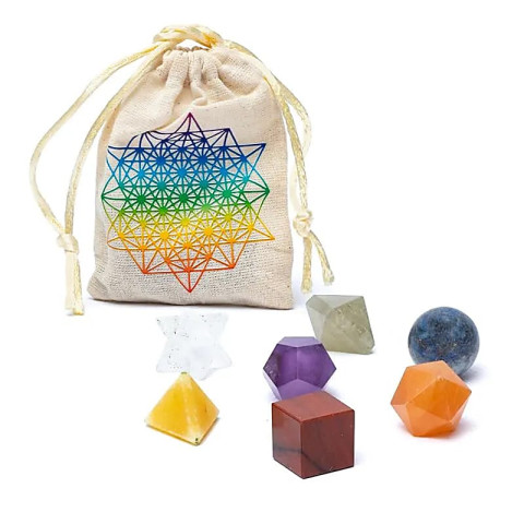 Sedem geometrijskih teles iz poldragih kamnov za čiščenje čaker ob vrečki z motivom Merkabe.