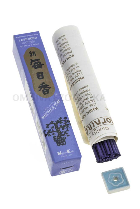 Japonske dišeče palčke Nippon Kodo Morning Star Lavender, moder podstavek in vijolična embalažna škatlica.