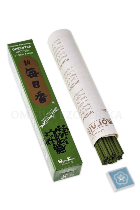 Japonske dišeče palčke Nippon Kodo Morning Star Green Tea, moder podstavek in temno zelena embalažna škatlica.