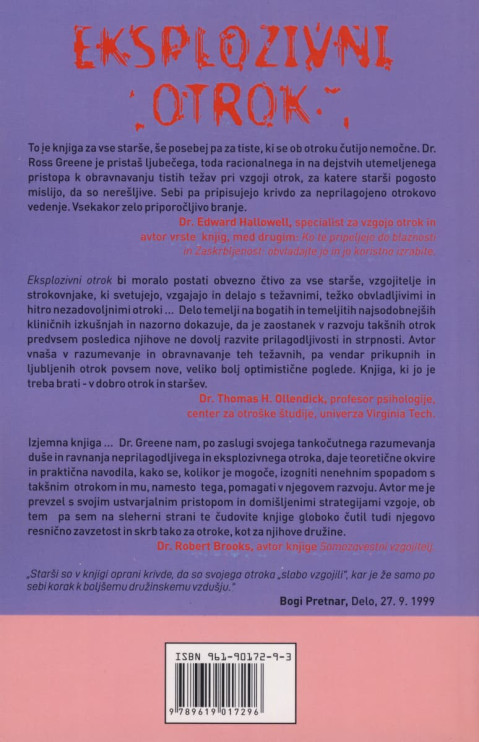 Knjiga Eksplozivni otrok, avtor dr. Ross W. Greene, zadnja platnica