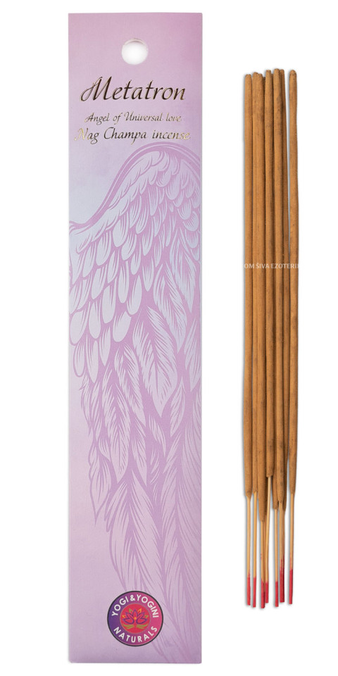 Svetlo vijolična embalaža dišečih palčk Angel Metatron z motivom angelskega krila in naravnimi palčkami ob strani.
