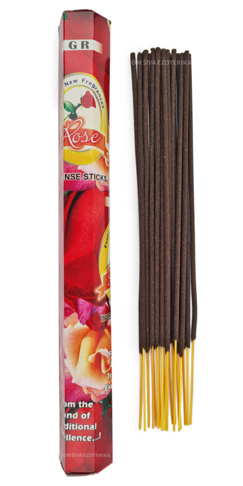 Rdeča šestkotna embalaža dišečih palčk Rose GR z dišečimi palčkami ob strani.