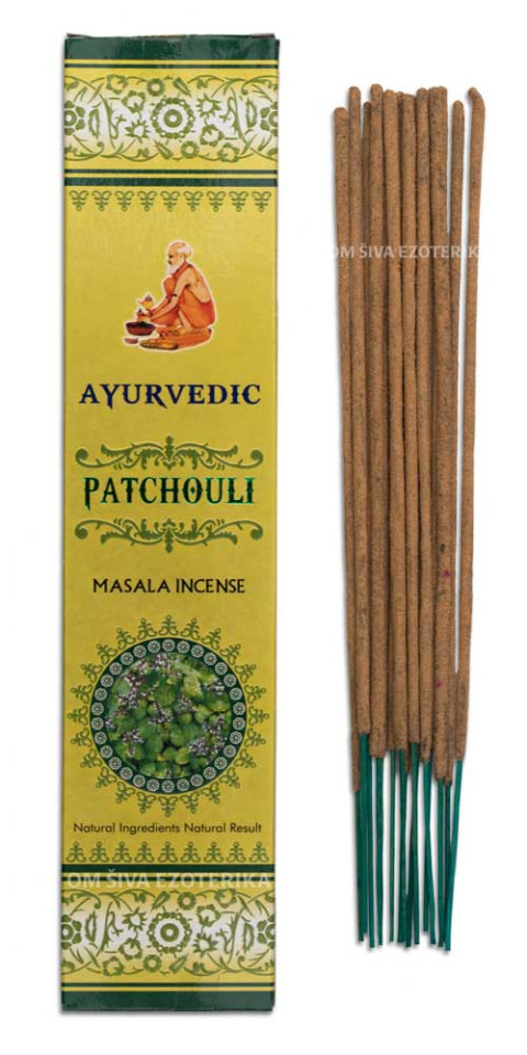 Rumeno-zelena embalaža dišečih palčk iz linije Ayurvedic Patchouli, 15 g.