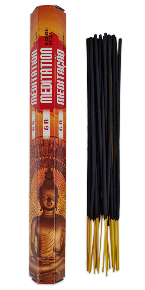 Oranžna šestkotna embalaža dišečih palčk Meditation GR z dišečimi palčkami ob strani.